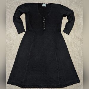 Neiman Marcus Black Ribbed Knit Long Sleeve Fit & Flare Midi Dress